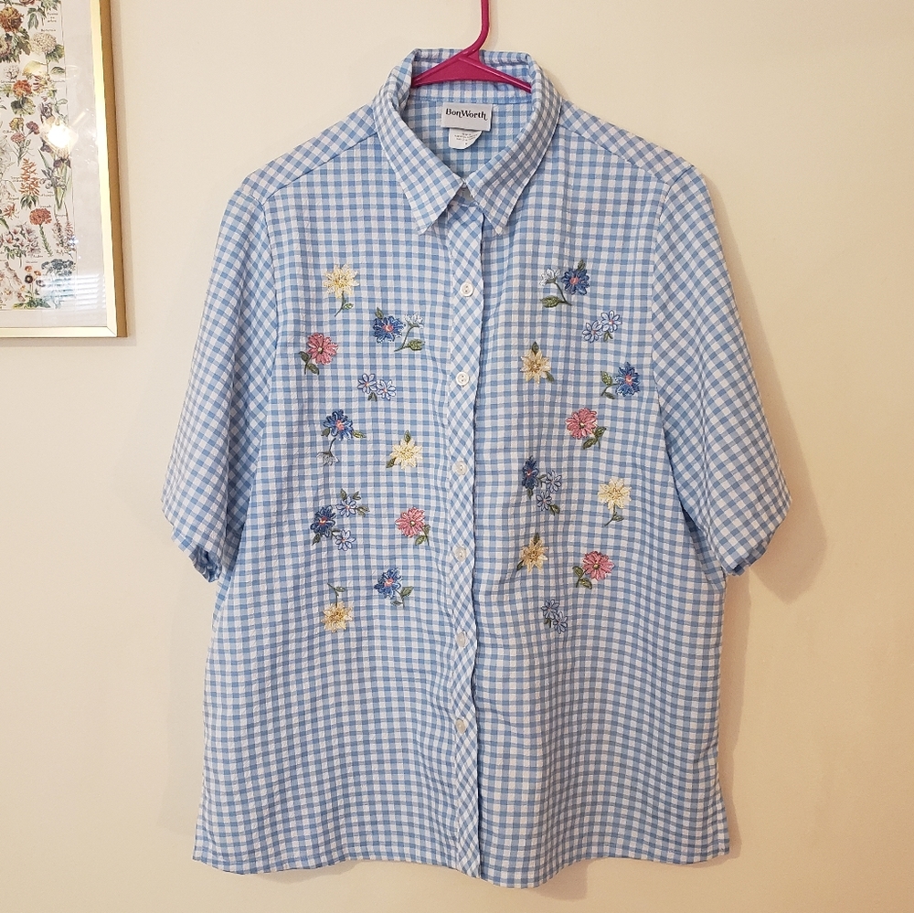 Bon Worth Embroidered Gingham Button Down Shirt